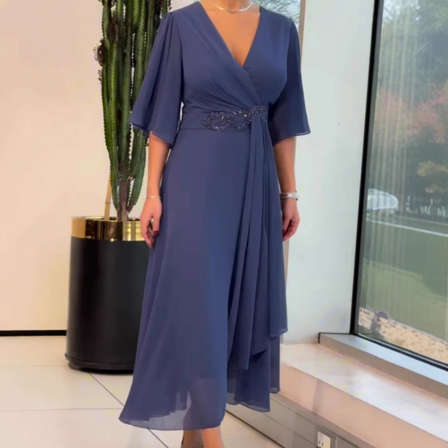 Luxe V-Neck Asymmetrical Maxi Dress | Refined Ruffle Sleeve Silhouette