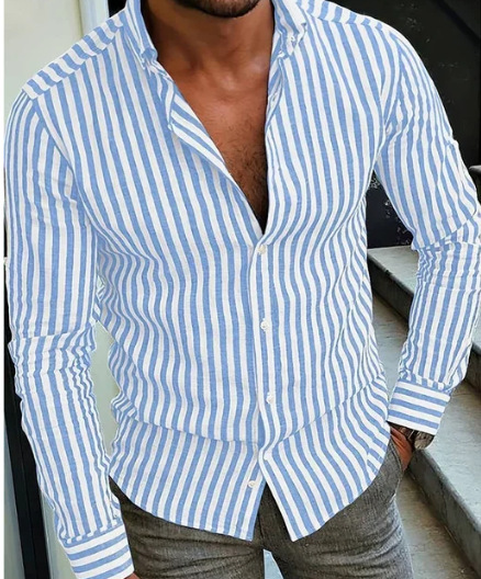Vertical Striped Casual Long Sleeve Button-Down Shirt - Image 3