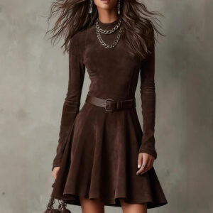 Brown Long Sleeve High Waist Fishtail Midi Dress