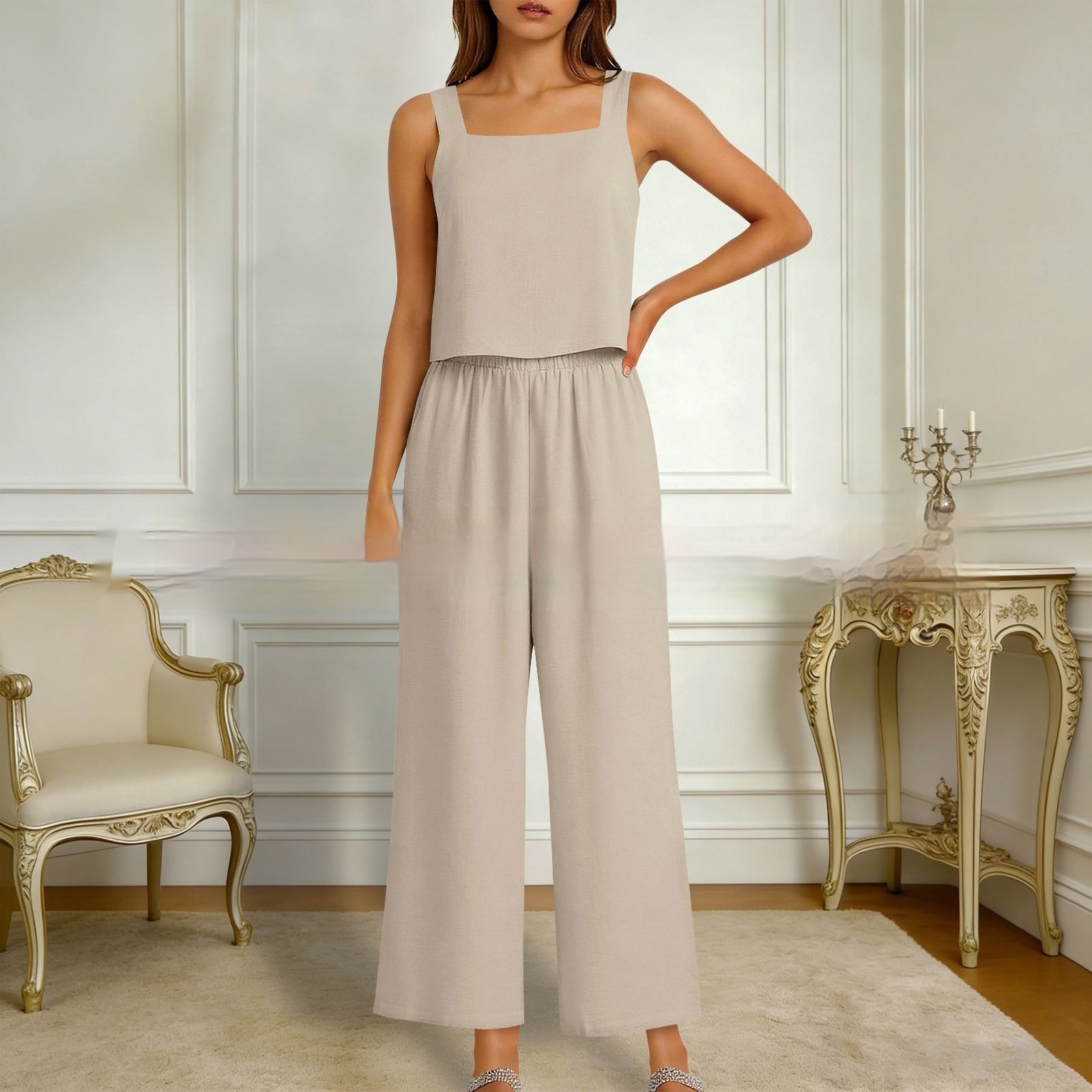 Women's 2-Piece Sleeveless Square Neck Tank Top & Wide-Leg Cropped Pants Set - Image 3