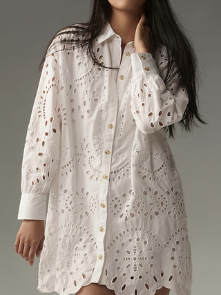 Women's White Eyelet Embroidery Shirt Dress — Elegant Hollow-Out Button-Down Mini Dress with Scalloped Hem - Image 6