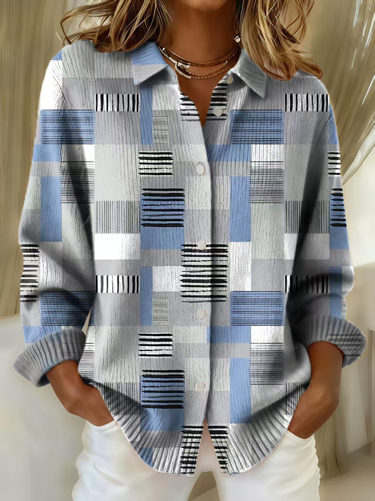 Women's Plaid Knit Button-Down Shirt Sweater — Retro Flannel-Style Cardigan with Ribbed Cuffs & Hem - Image 3