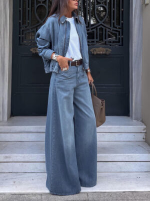 Women's Matching Denim Set — Fleece Jacket & Wide-Leg Pants Outfit