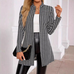 Women’s Houndstooth Blazer Jacket – Elegant Slim Fit Longline Coat for Work & Casual Chic