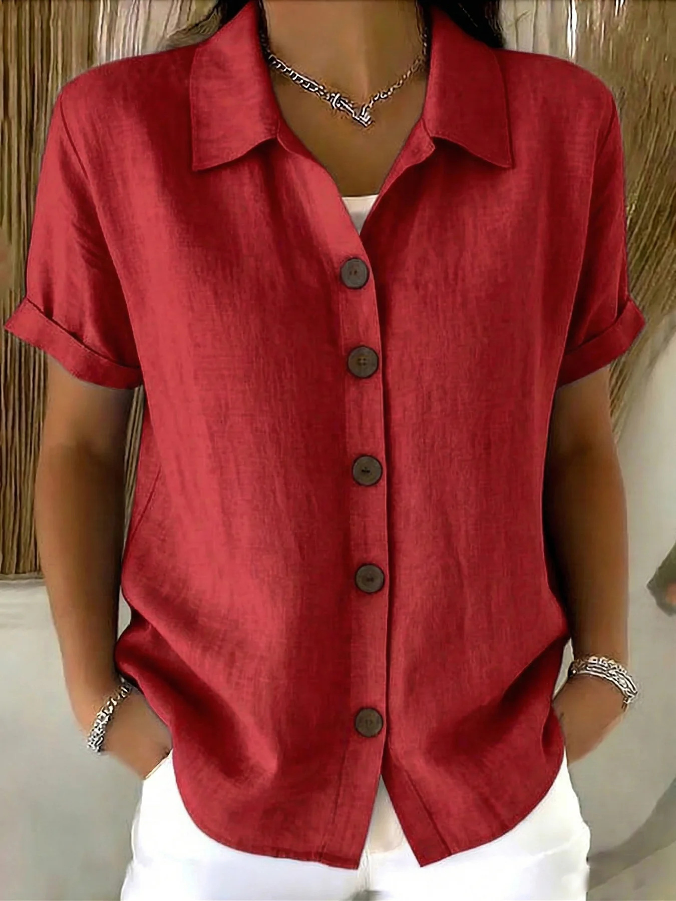 Women's Linen-Blend Short Sleeve Button-Down Shirt - Image 7