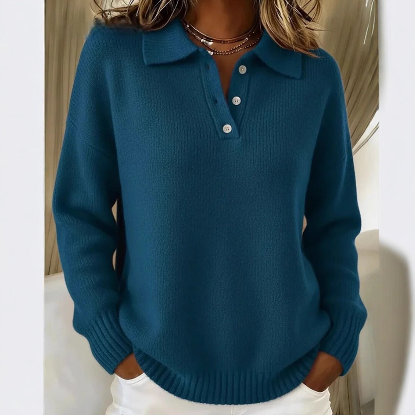 Women's Polo Collar Knit Sweater — Soft Fuzzy Button-Neck Pullover, Relaxed Fit Long Sleeve - Image 4