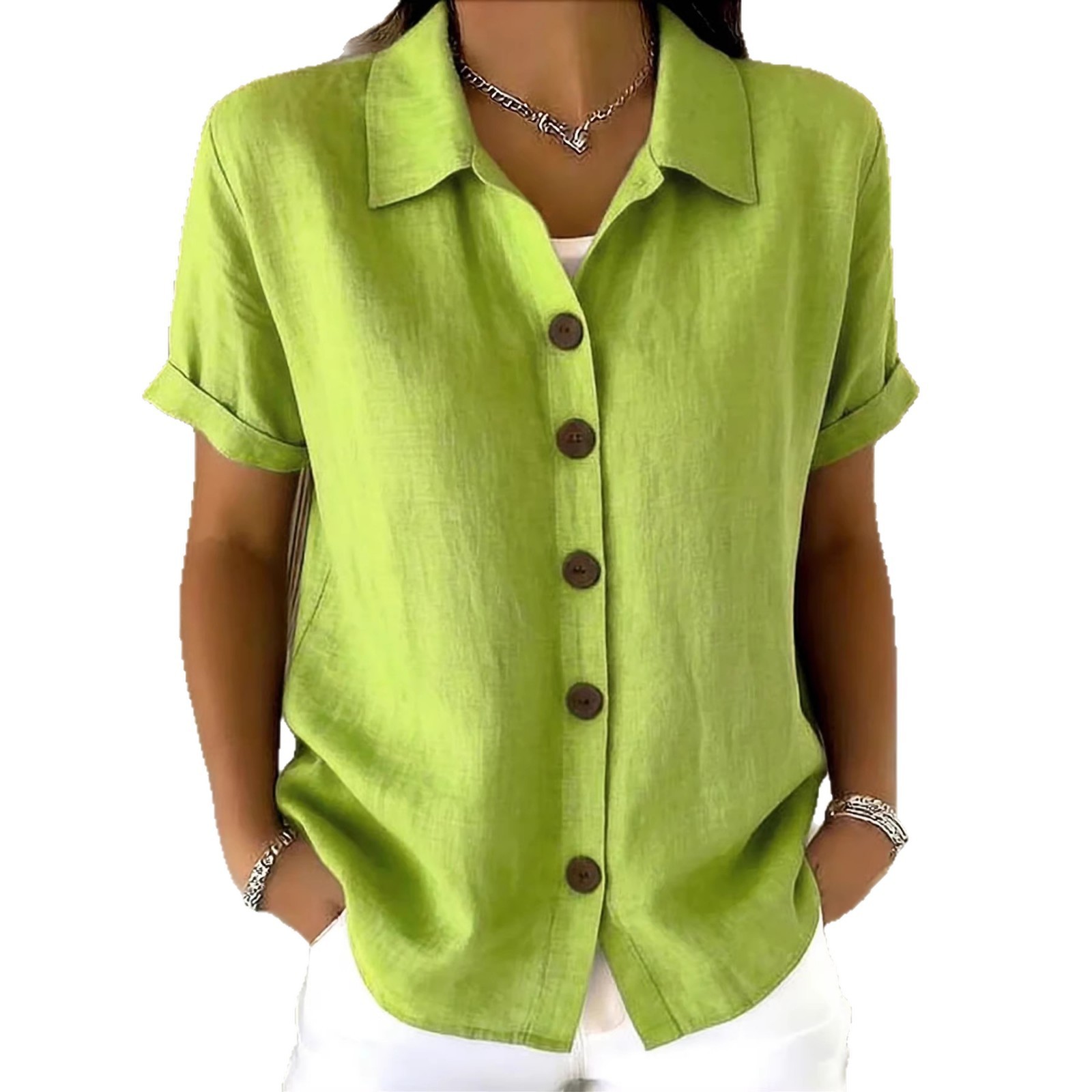 Women's Linen-Blend Short Sleeve Button-Down Shirt - Image 9