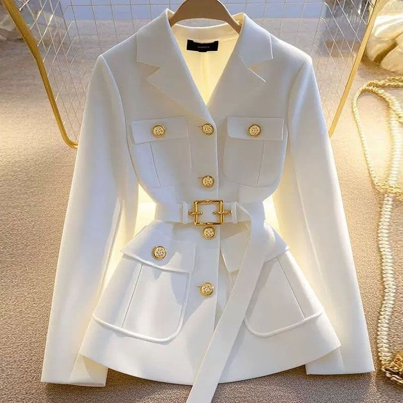 Women's Belted Multi-Pocket Gold Button Blazer Jacket - Image 5