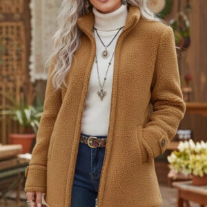 Women's Sherpa Fleece Jacket - Zip Up Teddy Coat with Pockets - Cozy Winter Outwear