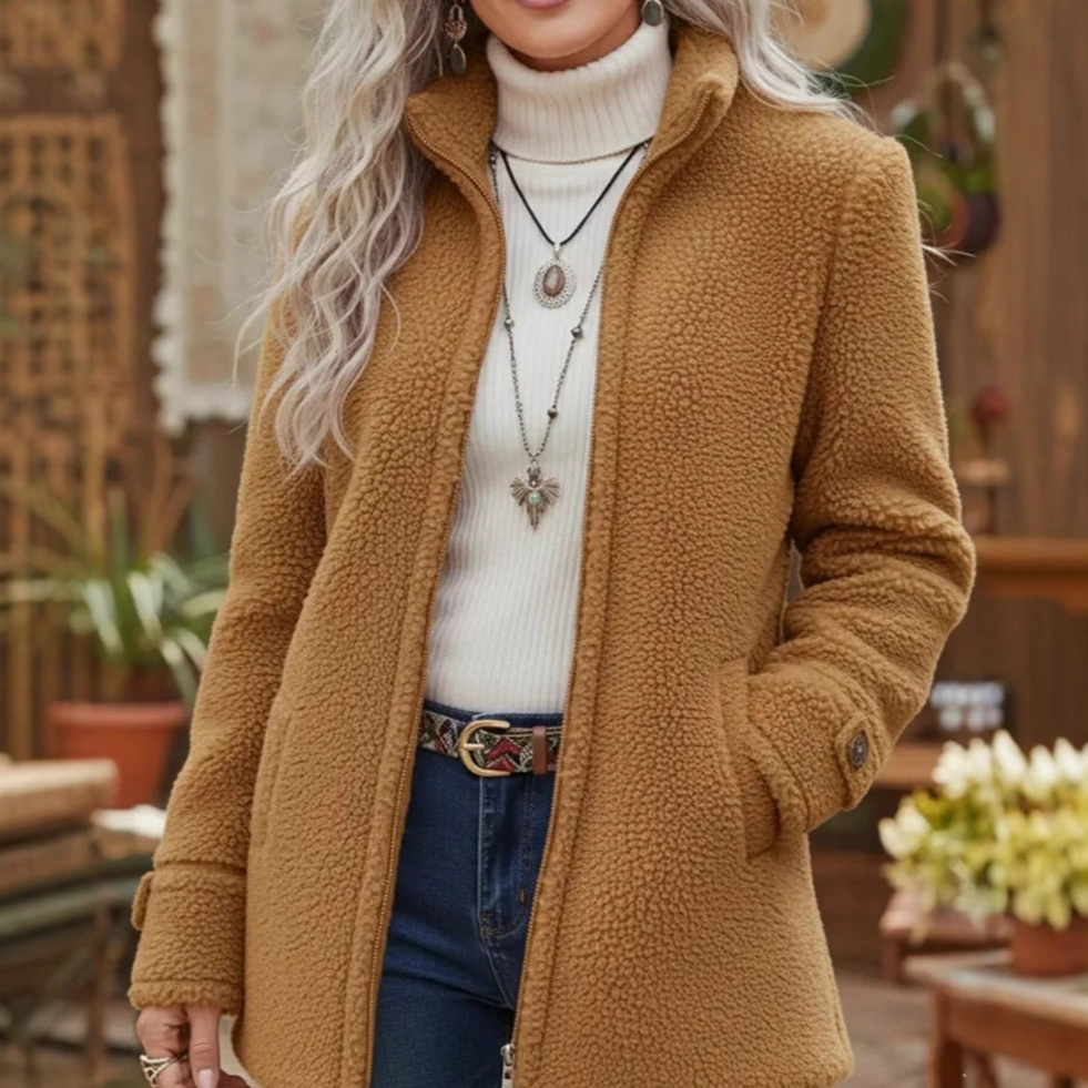 Women's Sherpa Fleece Jacket - Zip Up Teddy Coat with Pockets - Cozy Winter Outwear