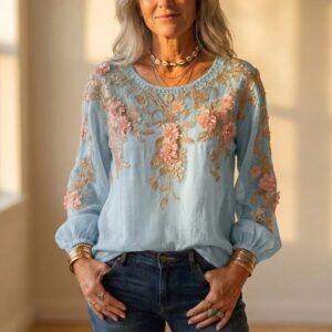 Women's 3D Floral Embroidered Gold Lace Appliqué Long Sleeve Blouse