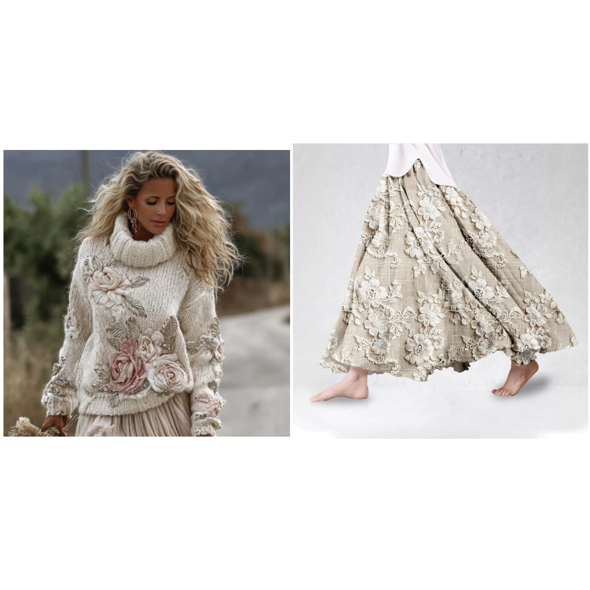 Women's 3D Floral Appliqué Chunky Knit Sweater - Oversized Turtleneck Pullover with Embossed Roses - Elegant Boho Winter Knitwear - Image 6