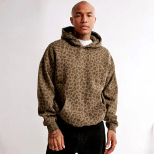 Men’s Streetwear Leopard Print Oversized Hoodie – Heavyweight Winter Pullover – Hip Hop Loose Fit Hooded Sweatshirt