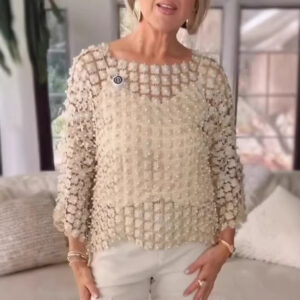 Women's Sheer Floral Mesh Pearl-Beaded 3/4 Sleeve Blouse Top