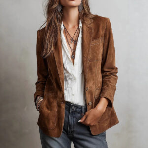 Women's Faux Suede Blazer Jacket — Vintage Western Button-Front Coat with Chest Pocket