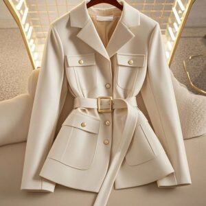 Women's Belted Multi-Pocket Gold Button Blazer Jacket