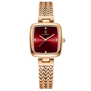 Elegant Poedagar Rose Gold Square Watch for Women – Premium Red Dial