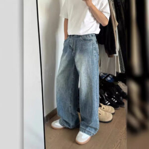 Men's Retro Baggy Wide Leg Jeans - Relaxed Fit Vintage Wash Denim Pants