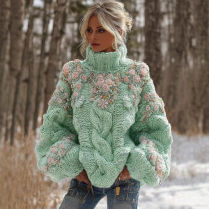 Women's Mint Green Chunky Cable Knit Turtleneck Sweater with 3D Floral Embroidery & Beading