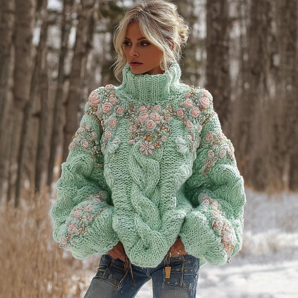 Women's Mint Green Chunky Cable Knit Turtleneck Sweater with 3D Floral Embroidery & Beading