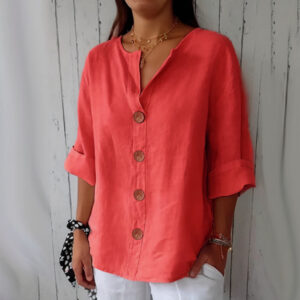 Women's Cotton Linen Button Down Blouse — Loose Fit V-Neck Long Sleeve Casual Summer Tunic Top