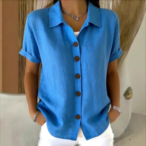 Women's Linen-Blend Short Sleeve Button-Down Shirt