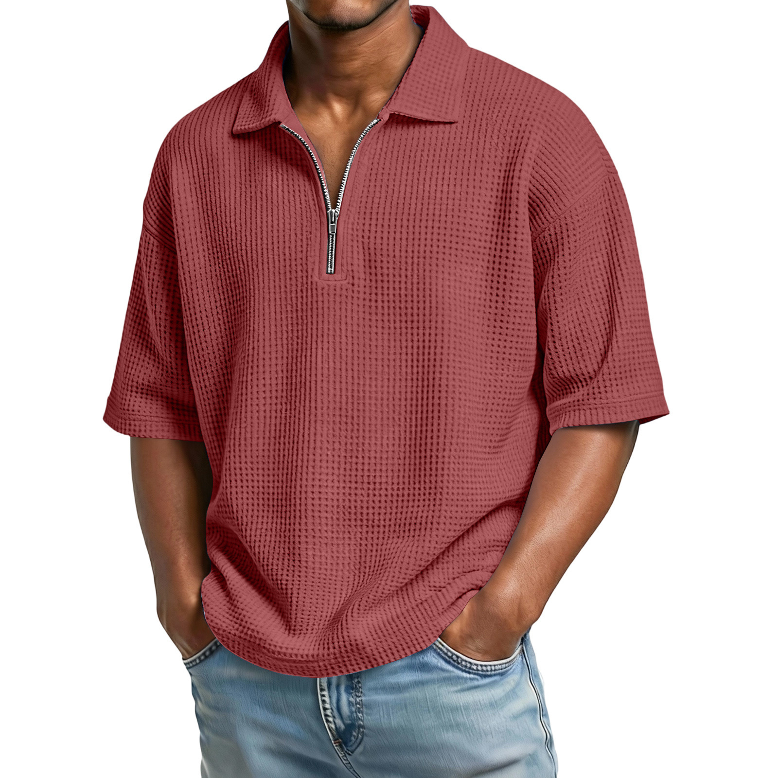 Men's Waffle Knit Quarter-Zip Polo Shirt - Relaxed Fit Short Sleeve Textured Pullover - Casual Summer Lightweight Top - Image 5