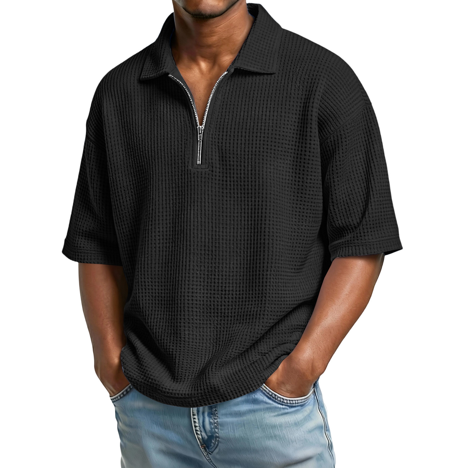 Men's Waffle Knit Quarter-Zip Polo Shirt - Relaxed Fit Short Sleeve Textured Pullover - Casual Summer Lightweight Top - Image 4