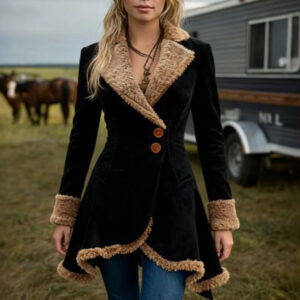 Women's Suede Shearling-Trim Fitted Coat with Sherpa Collar & Cuffs