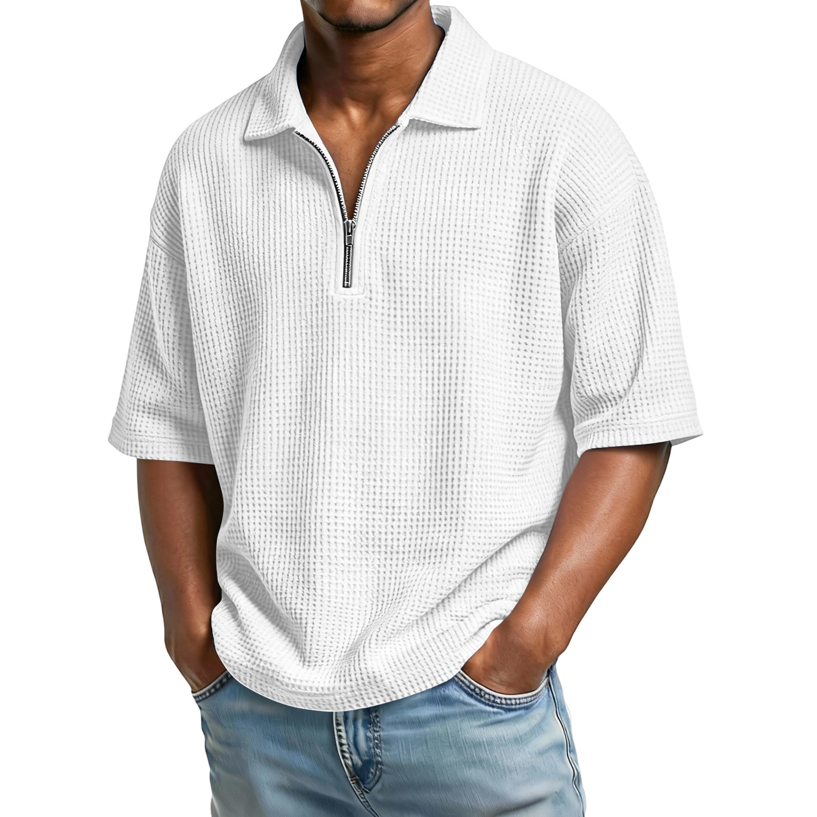 Men's Waffle Knit Quarter-Zip Polo Shirt - Relaxed Fit Short Sleeve Textured Pullover - Casual Summer Lightweight Top - Image 9