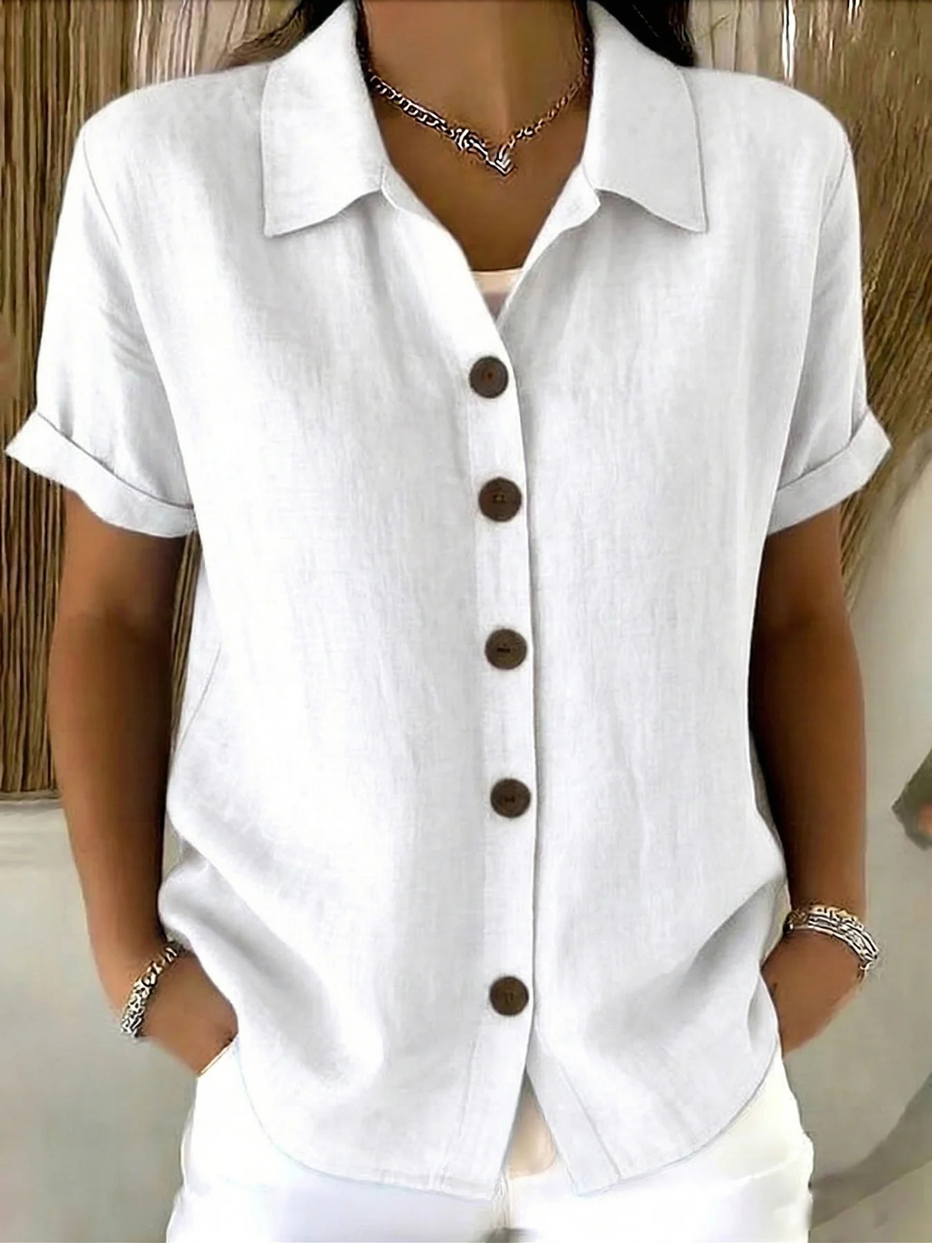 Women's Linen-Blend Short Sleeve Button-Down Shirt - Image 3