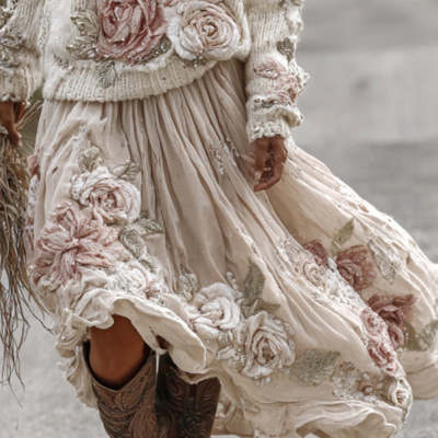 Women's 3D Floral Appliqué Chunky Knit Sweater - Oversized Turtleneck Pullover with Embossed Roses - Elegant Boho Winter Knitwear - Image 3