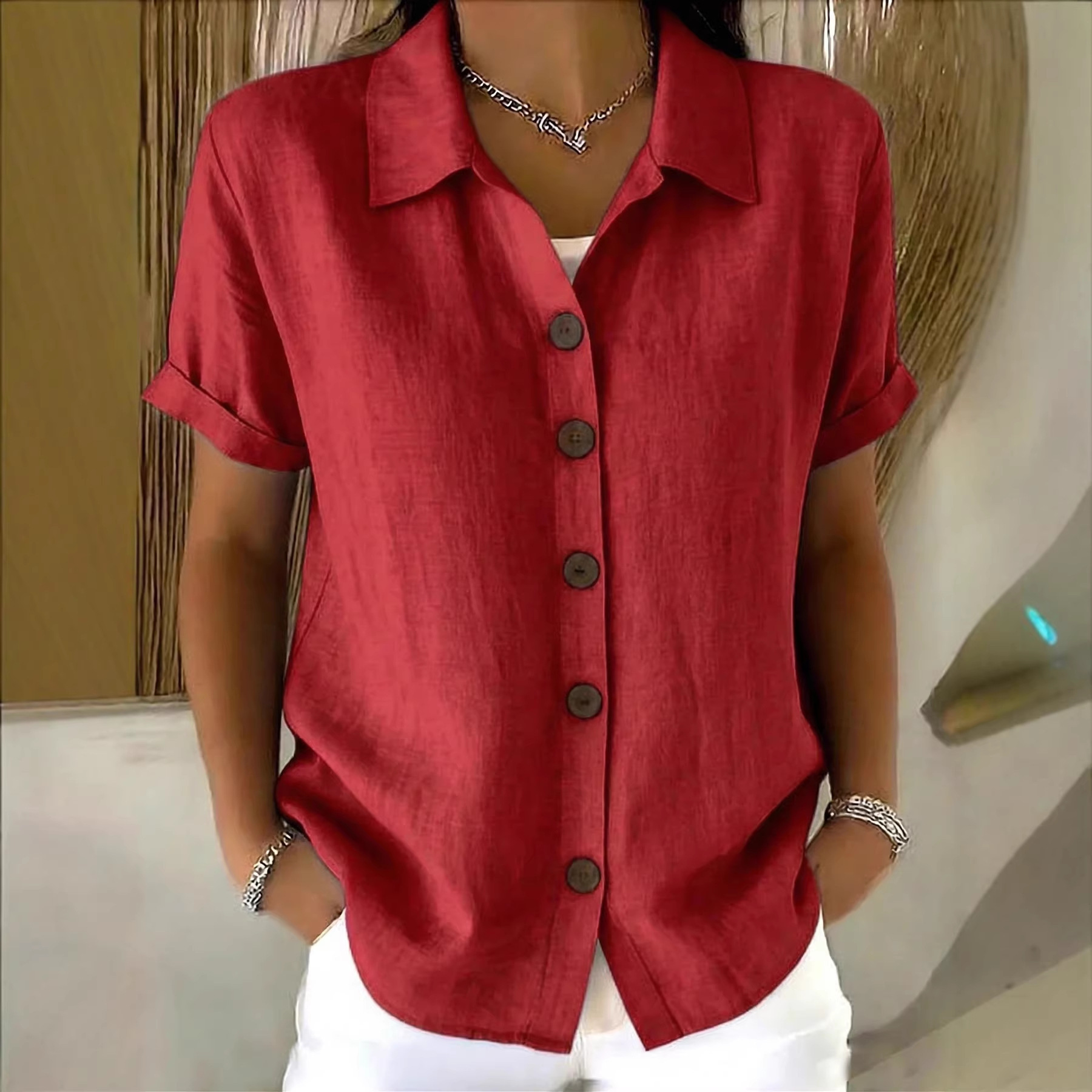 Women's Linen-Blend Short Sleeve Button-Down Shirt - Image 8