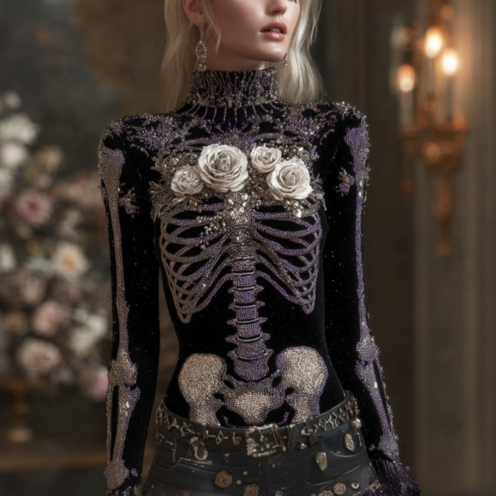 Women's Mint Green Chunky Cable Knit Turtleneck Sweater with 3D Floral Embroidery & Beading - Image 9