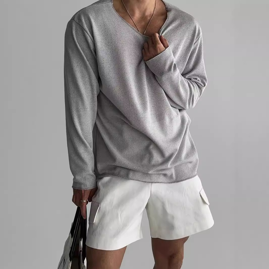 Men's Minimalist Lightweight Long Sleeve Tee - Relaxed Fit Raw-Edge Crewneck - Image 6