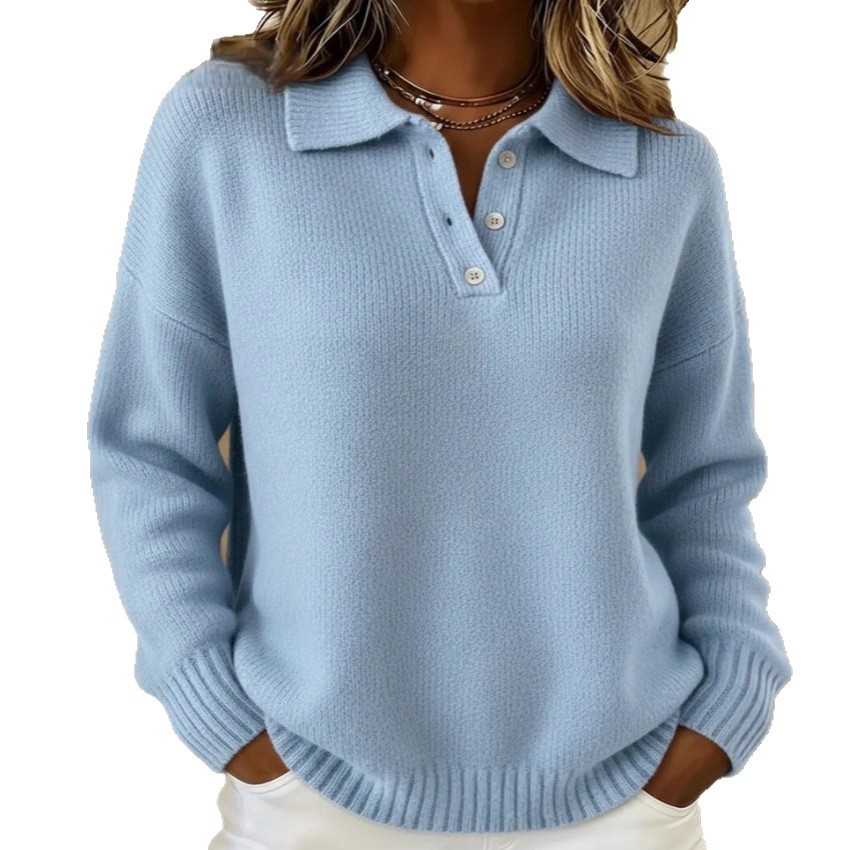 Women's Polo Collar Knit Sweater — Soft Fuzzy Button-Neck Pullover, Relaxed Fit Long Sleeve - Image 2