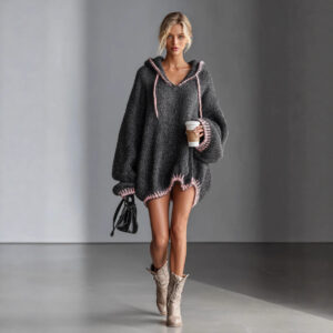 Women's Oversized Hooded Knit Sweater Dress — Cozy Batwing Sleeve Mini Dress with Contrast Trim