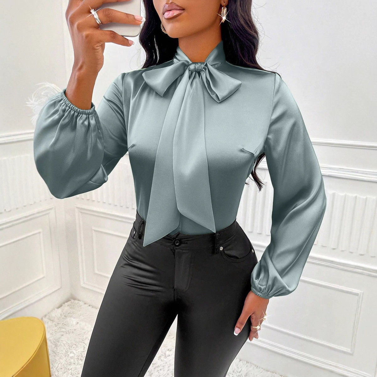 Women's Elegant Satin Bow-Tie Blouse – Silk-Like Long Sleeve Pussy-Bow Shirt for Professional Work & Office Wear - Image 5