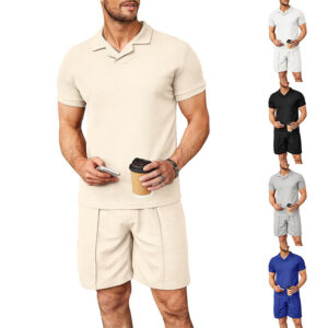 Men's Waffle Knit Polo Short Set – 2-Piece Casual Summer Outfit (Short Sleeve Top & Shorts)
