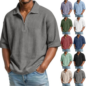 Men's Waffle Knit Quarter-Zip Polo Shirt - Relaxed Fit Short Sleeve Textured Pullover - Casual Summer Lightweight Top