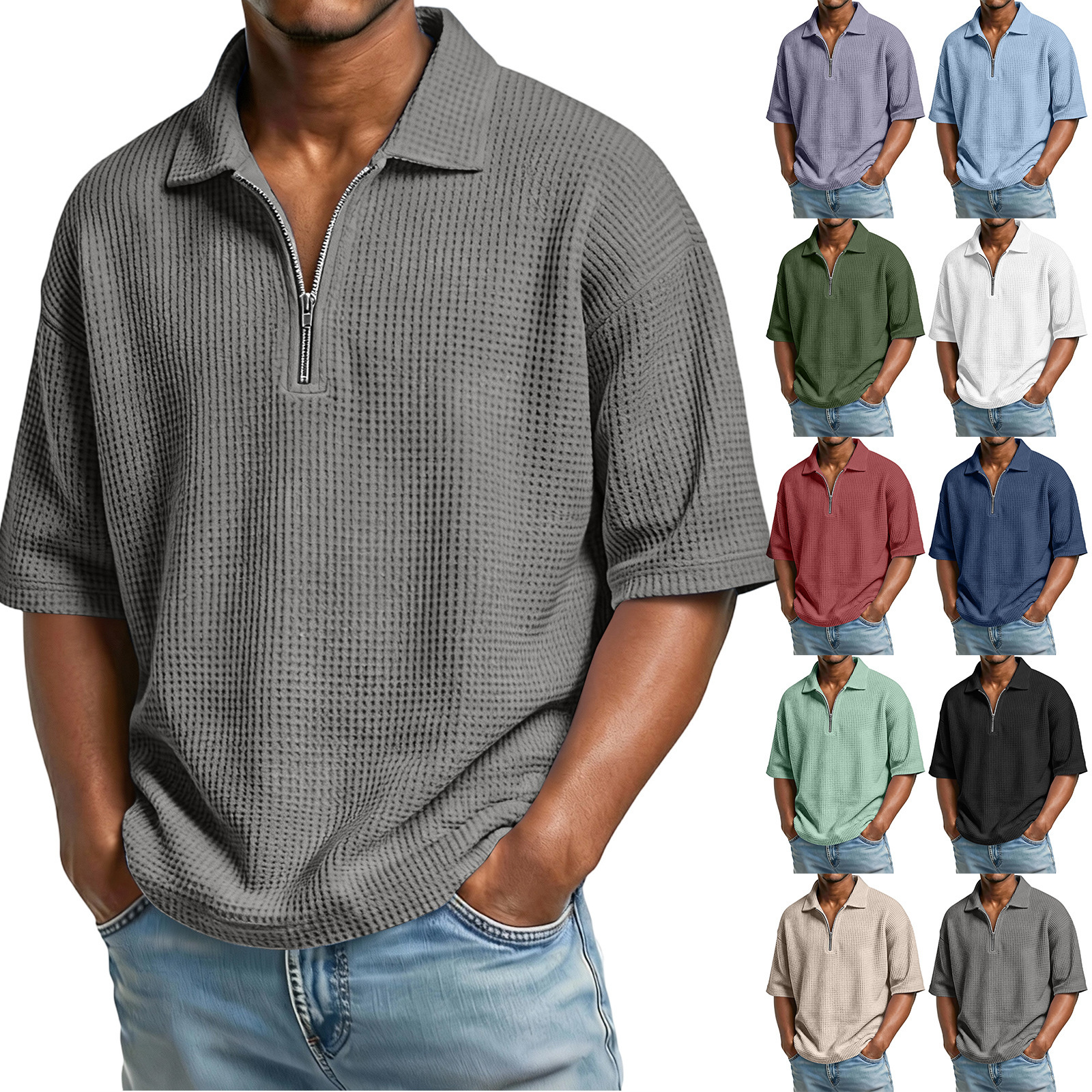 Men's Waffle Knit Quarter-Zip Polo Shirt - Relaxed Fit Short Sleeve Textured Pullover - Casual Summer Lightweight Top