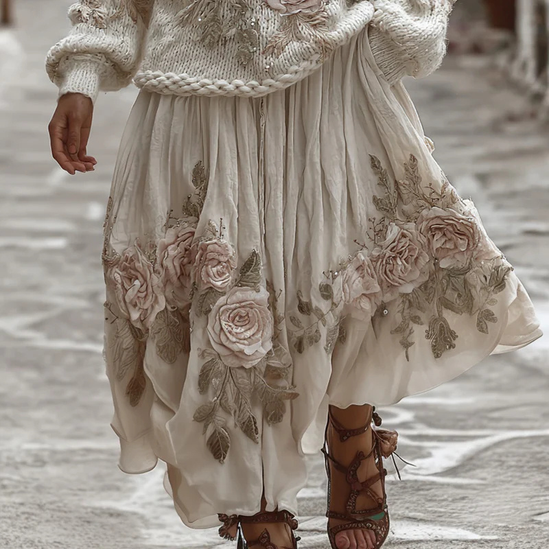 Women's 3D Floral Appliqué Chunky Knit Sweater - Oversized Turtleneck Pullover with Embossed Roses - Elegant Boho Winter Knitwear - Image 5