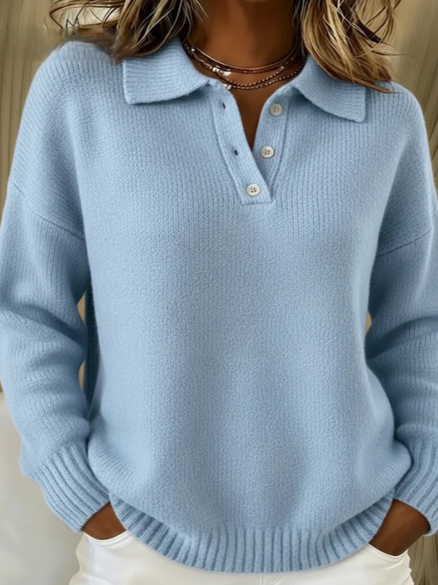 Women's Polo Collar Knit Sweater — Soft Fuzzy Button-Neck Pullover, Relaxed Fit Long Sleeve - Image 3