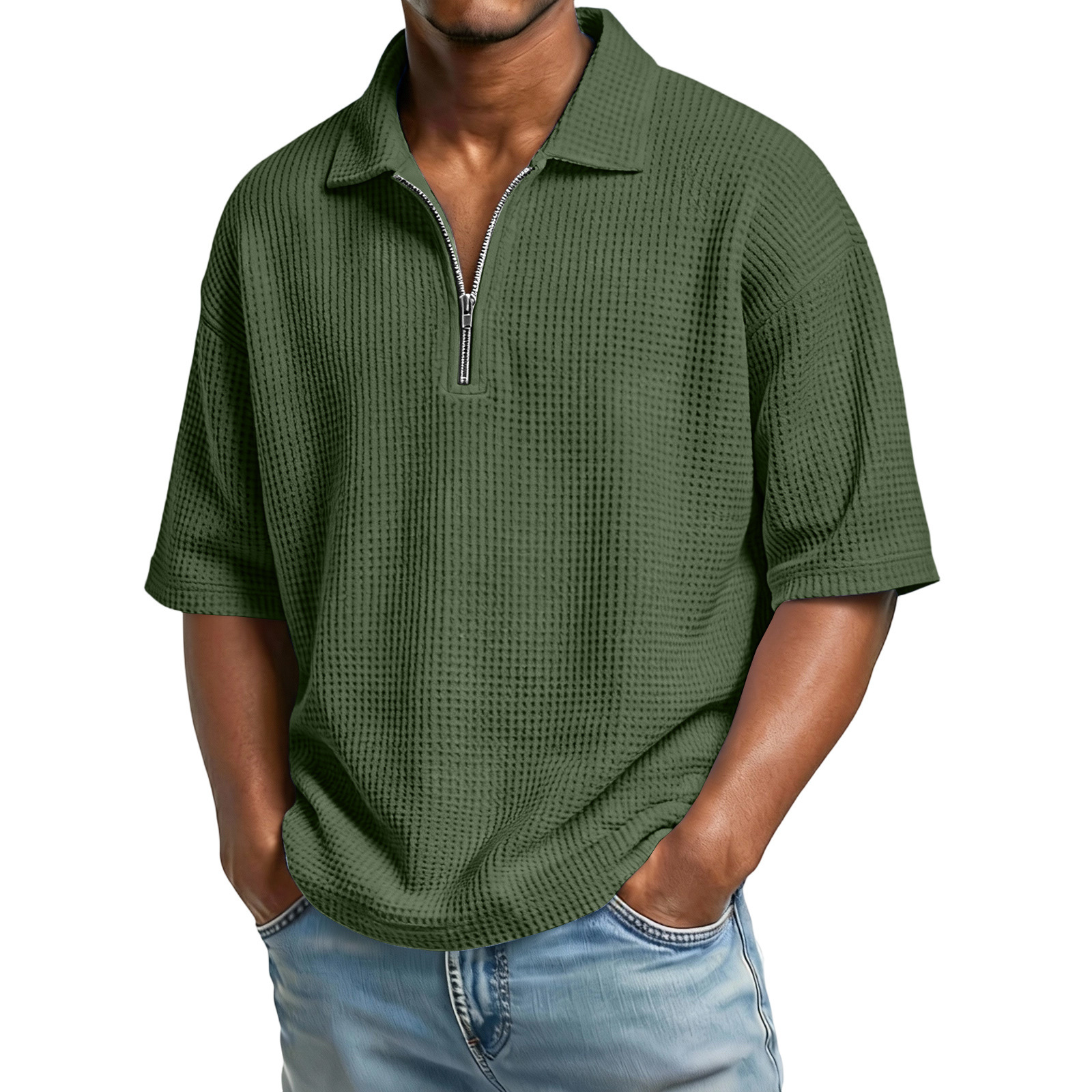 Men's Waffle Knit Quarter-Zip Polo Shirt - Relaxed Fit Short Sleeve Textured Pullover - Casual Summer Lightweight Top - Image 10
