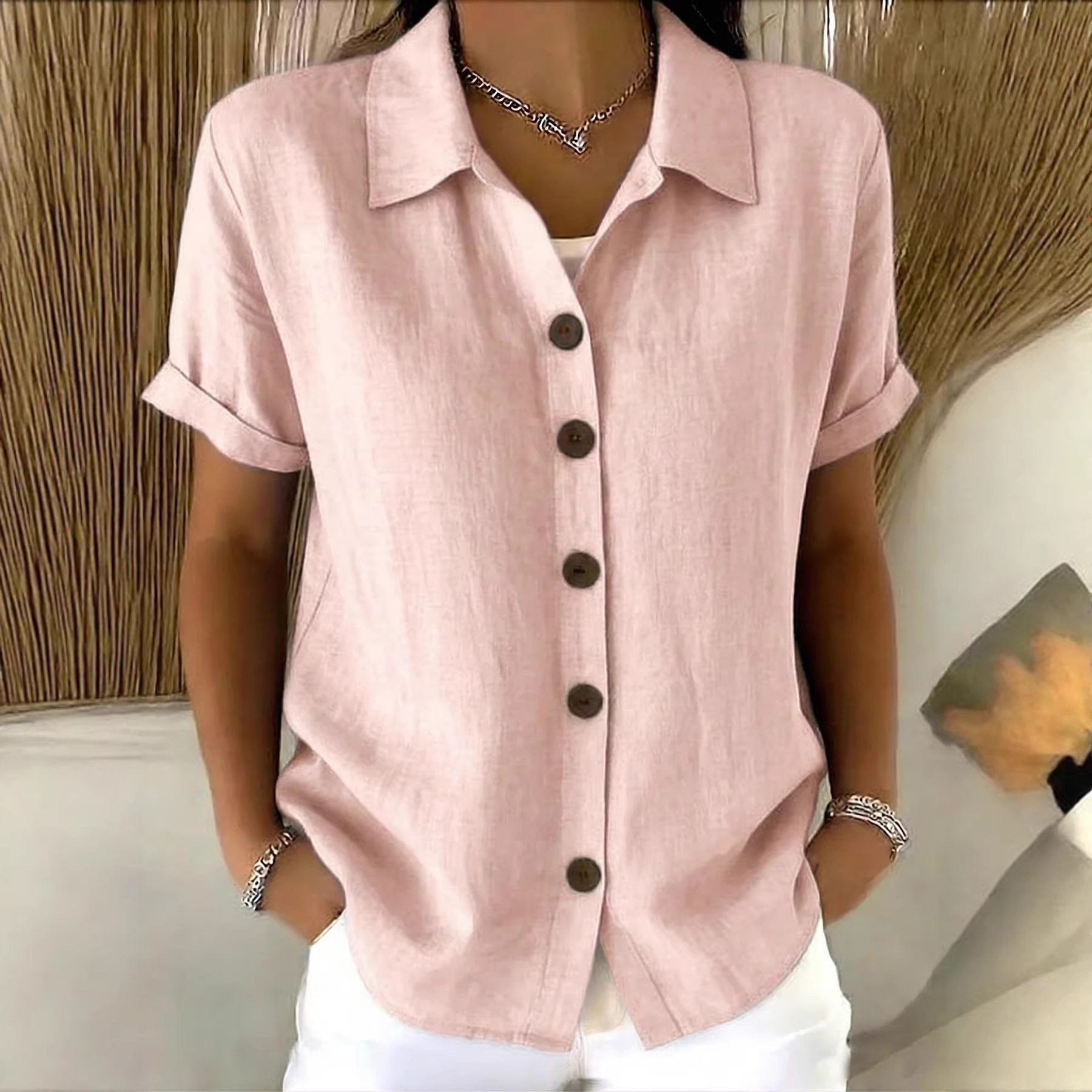 Women's Linen-Blend Short Sleeve Button-Down Shirt - Image 5