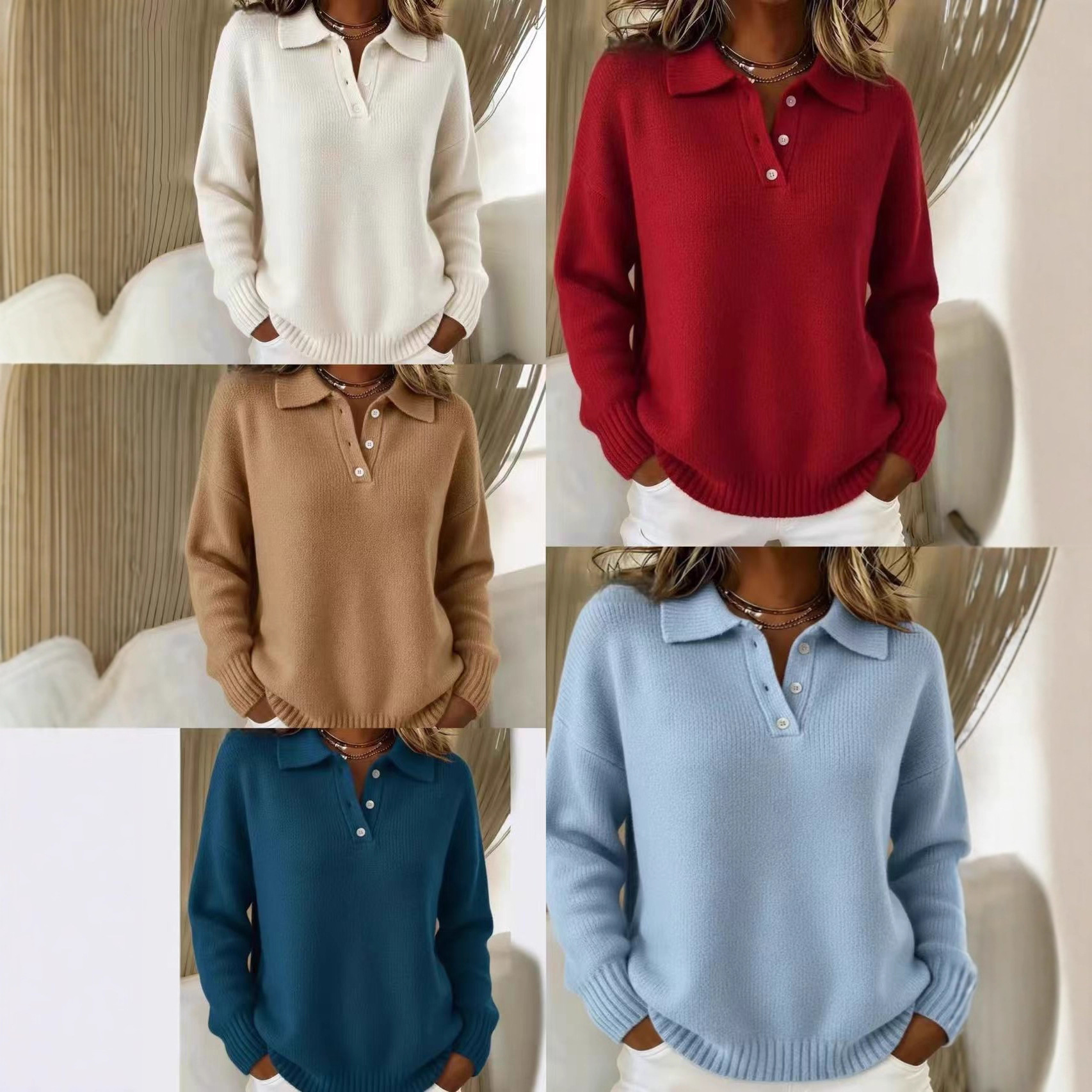 Women's Polo Collar Knit Sweater — Soft Fuzzy Button-Neck Pullover, Relaxed Fit Long Sleeve - Image 5