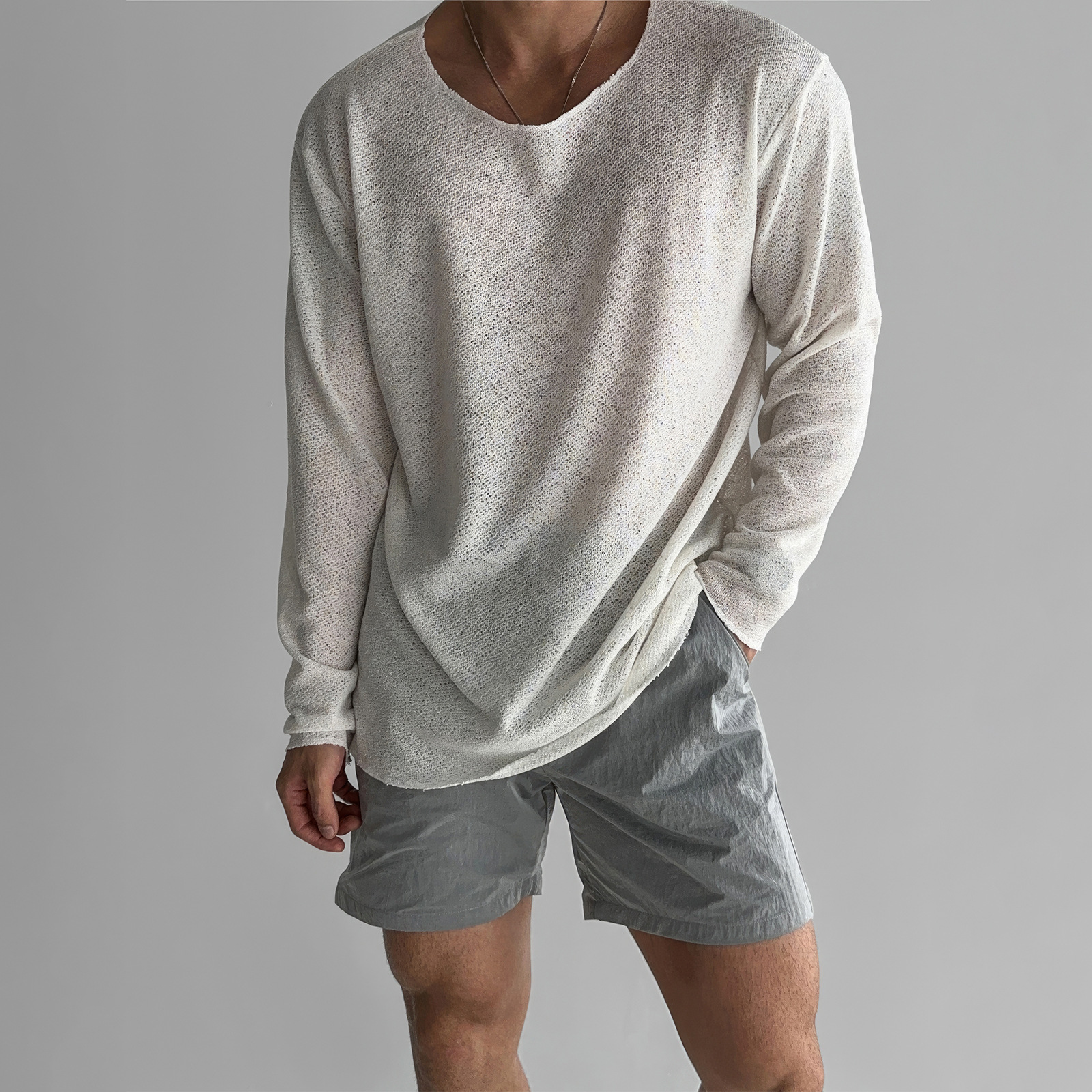 Men's Minimalist Lightweight Long Sleeve Tee - Relaxed Fit Raw-Edge Crewneck - Image 5