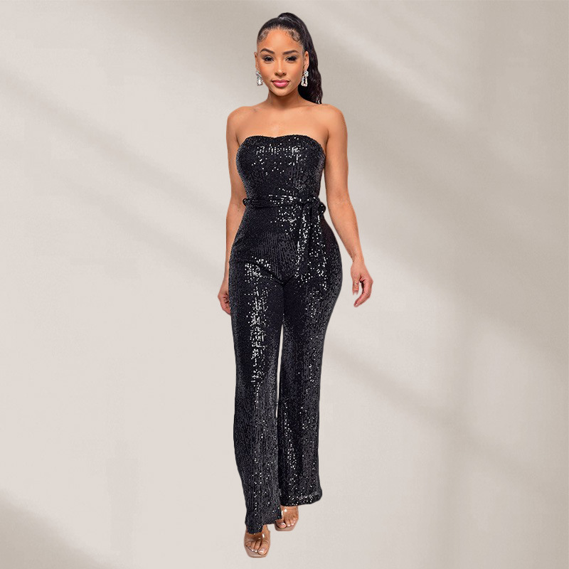 Women's Glitter Sequin Tube Top Wide-Leg Jumpsuit — Party & Formal Occasion - Image 10