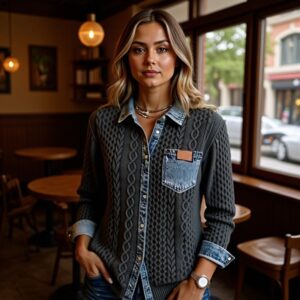 Women's Cable Knit Denim Patchwork Button-Down Shirt | Casual Loose Fit Long Sleeve Knit Top with Pocket