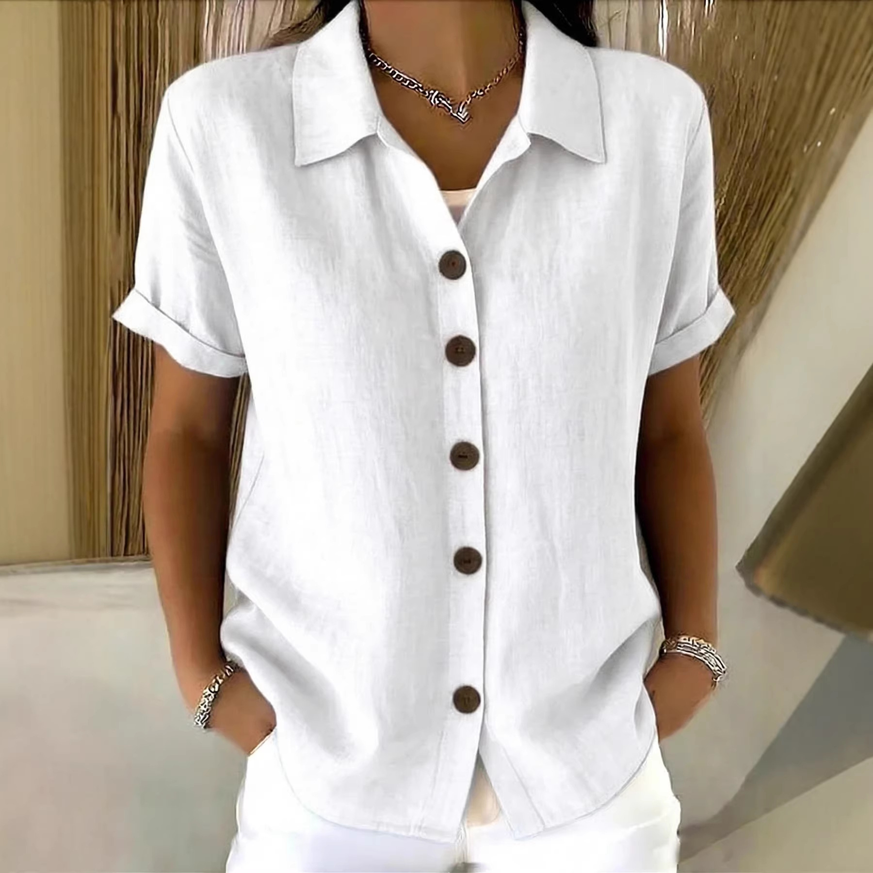 Women's Linen-Blend Short Sleeve Button-Down Shirt - Image 6